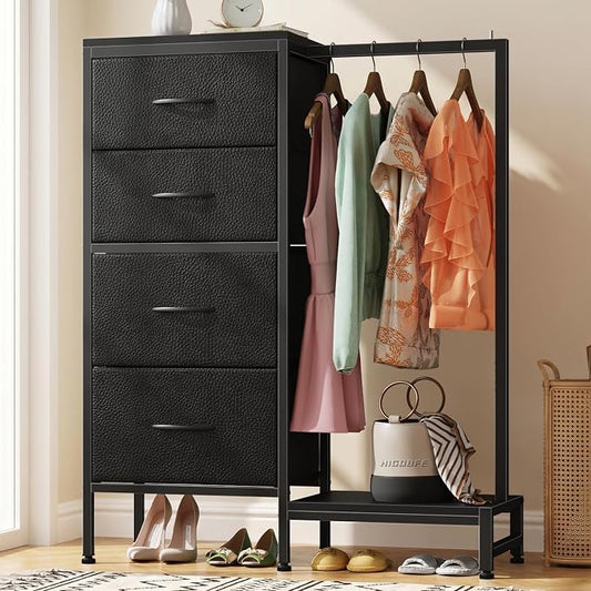 HIGDBFE Tall Dresser 44''H with Hanging Rack, 4 Drawers Small Closet Dresser for Bedroom, Reversible Fabric Chest of Drawers with Clothes Rack, Tall Storage Tower, Sturdy Frame, Black