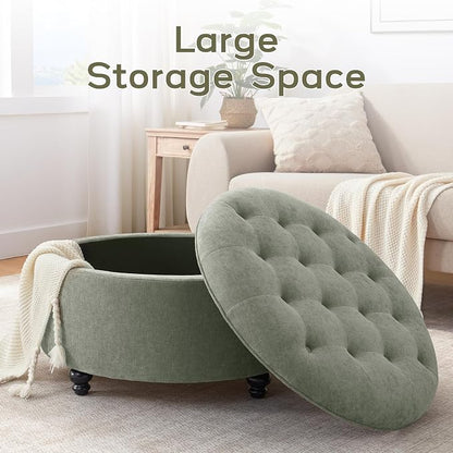 HUIMO 30-Inch Round Storage Ottoman, Modern Button Tufted Coffee Table with Removable Top, Upholstered Ottoman with Storage Footrest Stool for Living Room, Bedroom and Office(Green)
