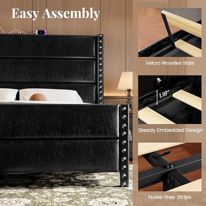 King Size Bed Frame with Storage Shelf & Charging Station, 55" Tall Headboard & 25.6" Footboard, Faux Leather Upholstered Platform Bed with Big Rivets Wingback, Heavy Duty & Noise-Free, Black