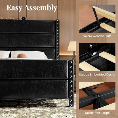 King Size Bed Frame with Storage Shelf & Charging Station, 55" Tall Headboard & 25.6" Footboard, Faux Leather Upholstered Platform Bed with Big Rivets Wingback, Heavy Duty & Noise-Free, Black