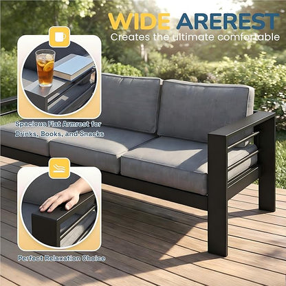 Solaste Aluminum Patio Furniture Set for All Weather, Oversized Metal Outdoor Furniture Set with 27.5" Deep Seating and 3.2" Wide Armrest, Outdoor Patio Sofa with 10" Back Suport Cushion