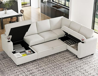 Belffin Sleeper Sofa Modular Sectional Pull Out Couch Bed U Shaped Sofa Couch for Living Room with Storage Chaise. White