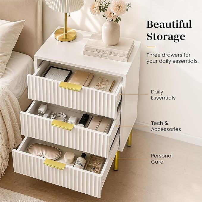 White and Gold Bedroom Furniture Set, 3 Piece Fluted Dresser and Nightstand Set with Gold Handles, 47" Dresser and Two 24" Bedside Tables