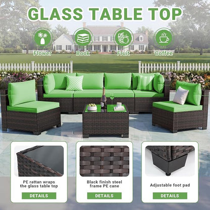 LAWELL 7 Pieces Outdoor Patio Furniture Sets,Rattan Conversation Sectional Set,Manual Weaving Wicker Patio Sofa with Tea Table