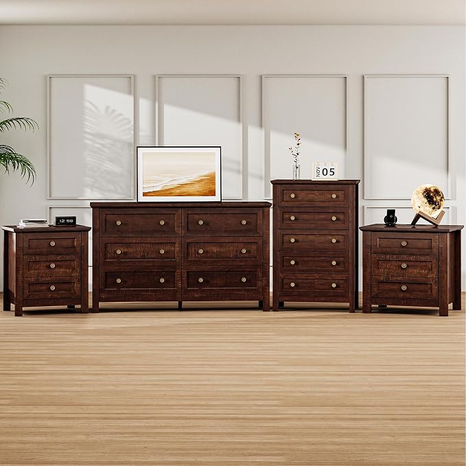 Farmhouse Dresser Nightstand Sets, 4-Piece Bedroom Furniture Set for Home | 5/6 Drawer Dresser Closet & 3 Drawer Nightstand Set of 2, Chest of Drawers for Bedroom, Living Room, Entryway, Dark Brown