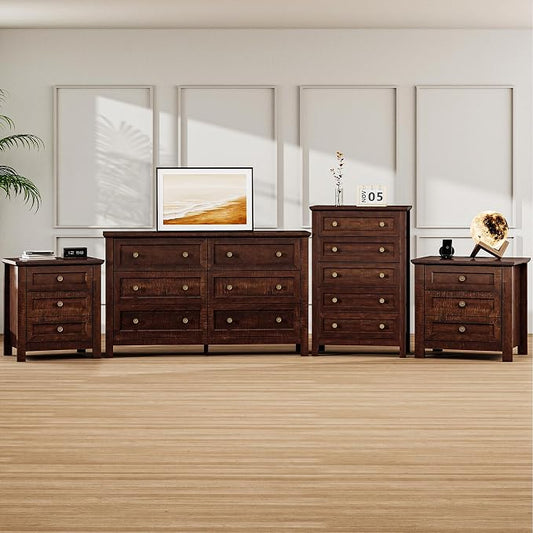 Farmhouse Dresser Nightstand Sets, 4-Piece Bedroom Furniture Set for Home | 5/6 Drawer Dresser Closet & 3 Drawer Nightstand Set of 2, Chest of Drawers for Bedroom, Living Room, Entryway, Dark Brown