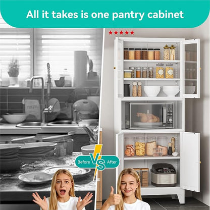 69" Tall Pantry Cabinet with Open Shelf,13.78“Deep By 28" Wide Storage Cabinet with Glass Doors and Adjustable Shelves,Microwave Stand,for Kitchen Dining Room Bathroom,White,1Pc