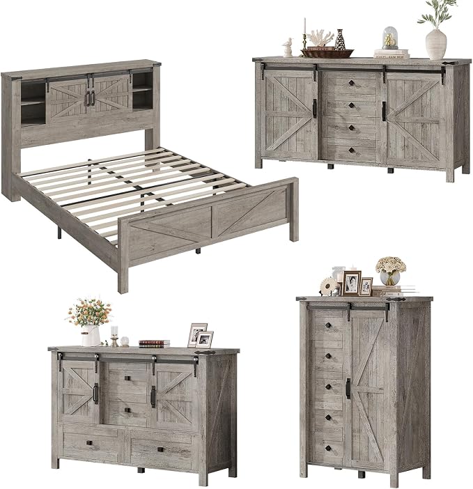 AMERLIFE 4 Pieces Farmhouse Bedroom Set, Includes Queen Size Bookcase Headboard Bed Frame, 5 Drawer Tall Dresser, 47'' Dresser with 4 Drawers, 60" Dresser with 4 Drawers, Light Rustic Oak