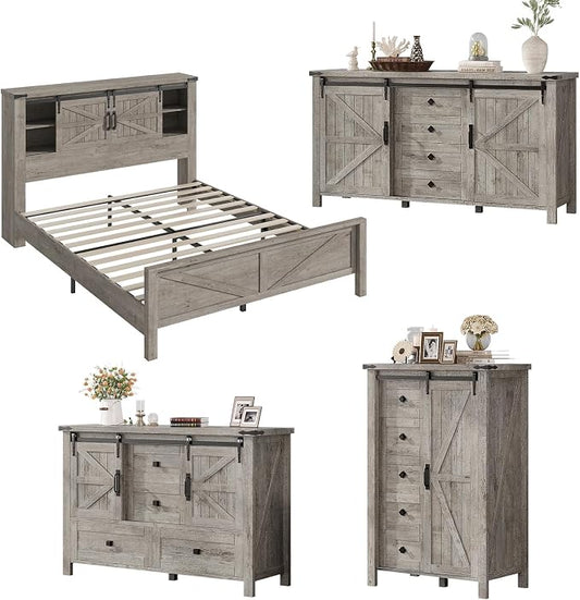 AMERLIFE 4 Pieces Farmhouse Bedroom Set, Includes Queen Size Bookcase Headboard Bed Frame, 5 Drawer Tall Dresser, 47'' Dresser with 4 Drawers, 60" Dresser with 4 Drawers, Light Rustic Oak