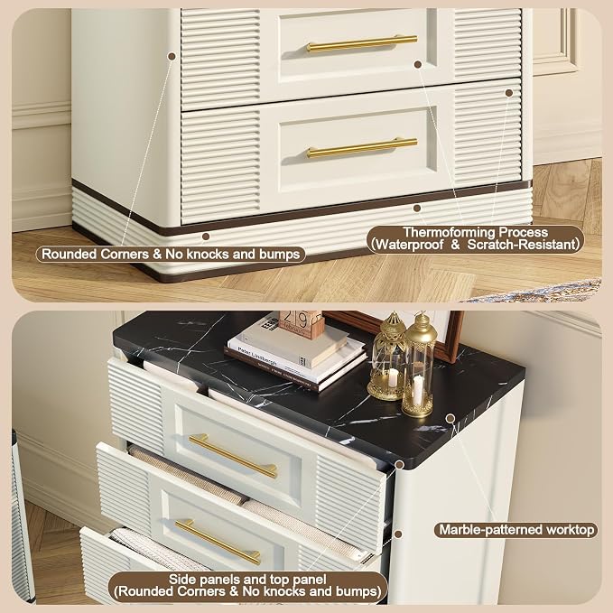 RECHHX Farmhouse 5 Drawers Dresser for Bedroom, 44" Tall Modern Marble-Effect Chest of Drawers, Wooden Thermoformed Curved Dresser Organizer for Bedroom, Living Room, White