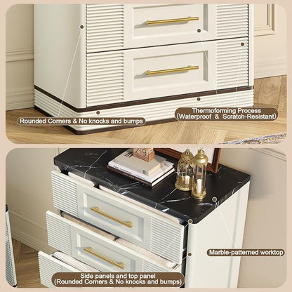 RECHHX Farmhouse 5 Drawers Dresser for Bedroom, 44" Tall Modern Marble-Effect Chest of Drawers, Wooden Thermoformed Curved Dresser Organizer for Bedroom, Living Room, White