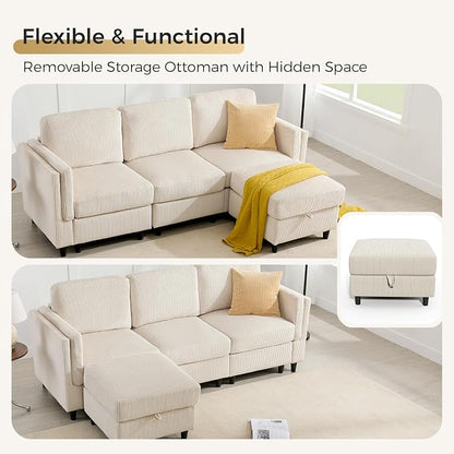 KKL Modular Sectional Sofa Bed with Storage Ottoman, Convertible L/U-Shaped Sleeper Couch for Living Room, Modern Reversible Design (Beige, 4 Seat L Shape)
