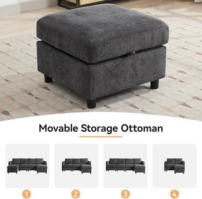 WUTUTUEE 83”Modular Convertible L Shaped Couch Set for Living Room, Modern 4 Seat Storage Modular Couch with Movable Ottoman, Chenille(Dark Grey)