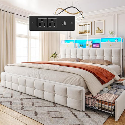 EnHomee King Size Bed Frame with 6 Storage Drawers and LED Lights,Bed Frame King Size with Velvet Upholstered Headboard and Charging Station,No Box Spring Needed,Noise-Free,Easy Assembly,Modern,Beige