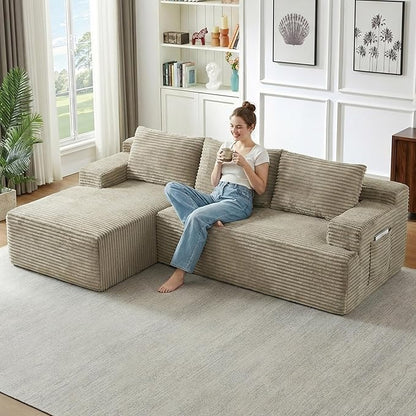 96" Cloud Sectional Couch with L-Shape Chaise, Modular Comfy Sofa Chaise Longue, Upholstered Corduroy Couches Sleeper with Deep Seat for Living Room Bedroom, No Assembly Required(Camel, Left Facing)