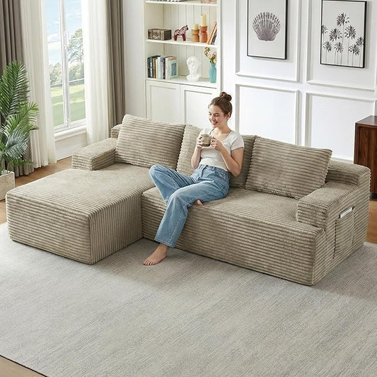 96" Cloud Sectional Couch with L-Shape Chaise, Modular Comfy Sofa Chaise Longue, Upholstered Corduroy Couches Sleeper with Deep Seat for Living Room Bedroom, No Assembly Required(Camel, Left Facing)