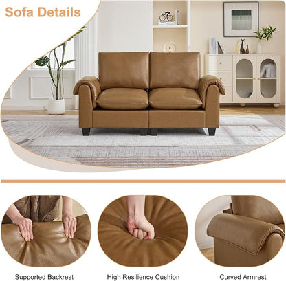 70.5" Faux Leather Modular Sectional Loveseat Sofa, Oversized 2 Seater Upholstered Couch with Curved Armrests, Cloud Modern Deep Seat Love Seat Sofa for Living Room, Light Brown