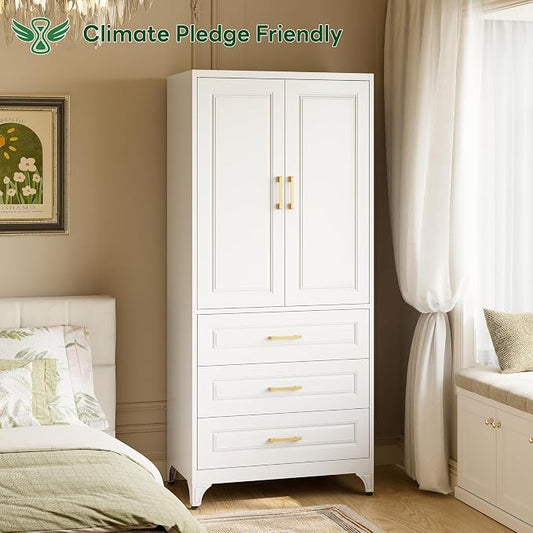 Metal Wardrobe Cabinets with 3 Drawers,White Armoire Wardrobe Closet with Hanging Rod,Clothes Storage Cabinet with Adjustable Shelves and Doors,Clothing Cabinet for Bedroom, Laundry Room,Office