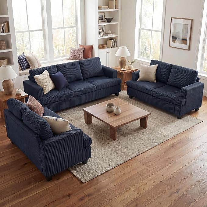 YOUDENOVA Sofa Couch, 3 Piece Set Comfy Sofa, 2 Loveseat & 3 Seater Sofa with Deep Seats for Living Room, Modern Sleeper Couch, Blue Corduroy