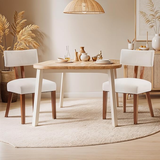 MOJAY Dining Chairs Set of 2, Mid Century Modern Kitchen Chairs Farmhouse Linen Fabric Side Chairs with Curved Backrest for Kitchen, Dining Room, Restaurant, or Patio, Off-White