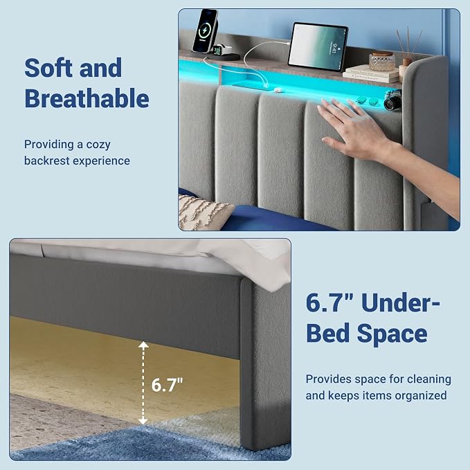 Allewie Velvet Vertical Tufted Full Size Upholstered Platform Bed Frame with 2-Tier LED Storage Headboard & 2 Storage Drawers, USB & Type-C Charging Ports, Noise-Free/No Box Spring Needed, Grey
