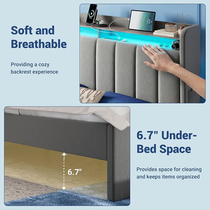 Allewie Velvet Vertical Tufted Full Size Upholstered Platform Bed Frame with 2-Tier LED Storage Headboard & 2 Storage Drawers, USB & Type-C Charging Ports, Noise-Free/No Box Spring Needed, Grey