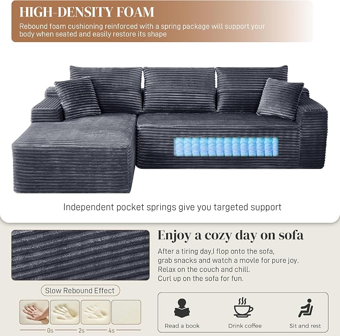 108" L Shaped Cloud Boneless Sectional Couches for Living Room, Modern Comfy Modular Deep Seat Memory Foam Compressed Corduroy Sofa Oversized Left Facing Chaise, No Assembly Required, Grey