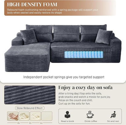 108" L Shaped Cloud Boneless Sectional Couches for Living Room, Modern Comfy Modular Deep Seat Memory Foam Compressed Corduroy Sofa Oversized Left Facing Chaise, No Assembly Required, Grey