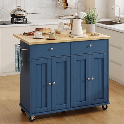 SUNLEI Kitchen Island with Storage, Rolling Kitchen Island Cart with Wheels & Drop Leaf & Towel Rack & 2 Drawers, Portable Island Table for Kitchen (Blue, 39.6“)