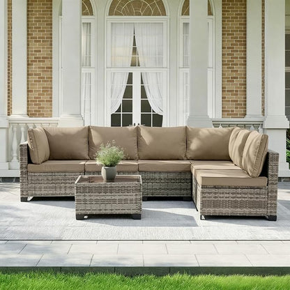 MOCHITO 7 Pieces Outdoor Patio Furniture Sets, All-Weather Sectional Sofa Grey PE Rattan Wicker Conversation Set with Glass Table and Washable Khaki Cushions for Backyard,Sunroom,Garden,Porch