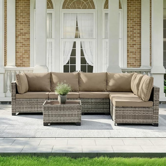 MOCHITO 7 Pieces Outdoor Patio Furniture Sets, All-Weather Sectional Sofa Grey PE Rattan Wicker Conversation Set with Glass Table and Washable Khaki Cushions for Backyard,Sunroom,Garden,Porch