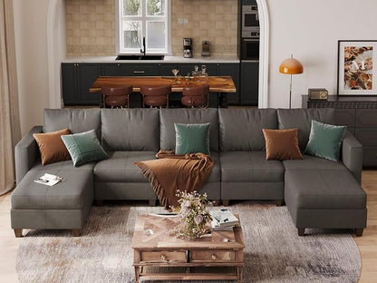 EASE MOOSE Faux Leather Sectional, Modular Sectional Sofa with Storage, Faux Leather Modular U Shaped Couches for Living Room, Grey