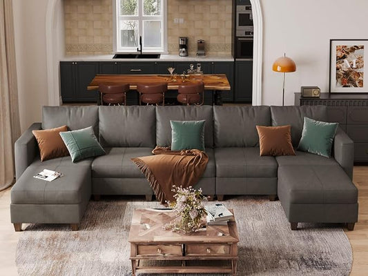 EASE MOOSE Faux Leather Sectional, Modular Sectional Sofa with Storage, Faux Leather Modular U Shaped Couches for Living Room, Grey