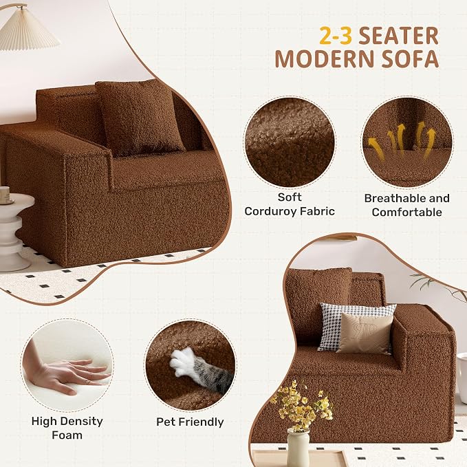 75'' Cloud Loveseat Sofa, No Assembly Required Comfy Deep Seat Couches 1 pcs for Living Room, Bedroom, Apartment(Teddy Fabric-Brown)