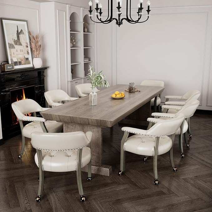 LEEMTORIG Set of 8 Large Dining Chairs with Casters and Arms, Rolling Dining Chairs with Wheels, Game Chairs, Solid Wood Boss Caption's Chairs, 26" D x 25.2" W x 31.5" H, Grey Legs & Ivory SY-1318-WT