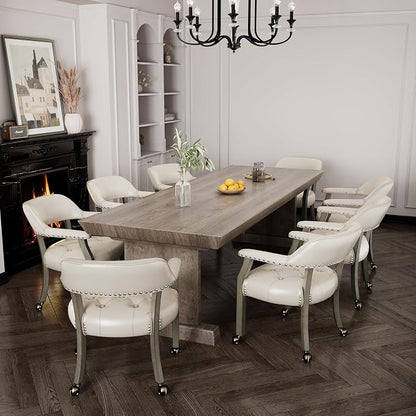 LEEMTORIG Set of 8 Large Dining Chairs with Casters and Arms, Rolling Dining Chairs with Wheels, Game Chairs, Solid Wood Boss Caption's Chairs, 26" D x 25.2" W x 31.5" H, Grey Legs & Ivory SY-1318-WT
