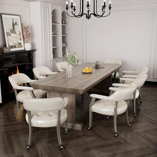 LEEMTORIG Set of 8 Large Dining Chairs with Casters and Arms, Rolling Dining Chairs with Wheels, Game Chairs, Solid Wood Boss Caption's Chairs, 26" D x 25.2" W x 31.5" H, Grey Legs & Ivory SY-1318-WT