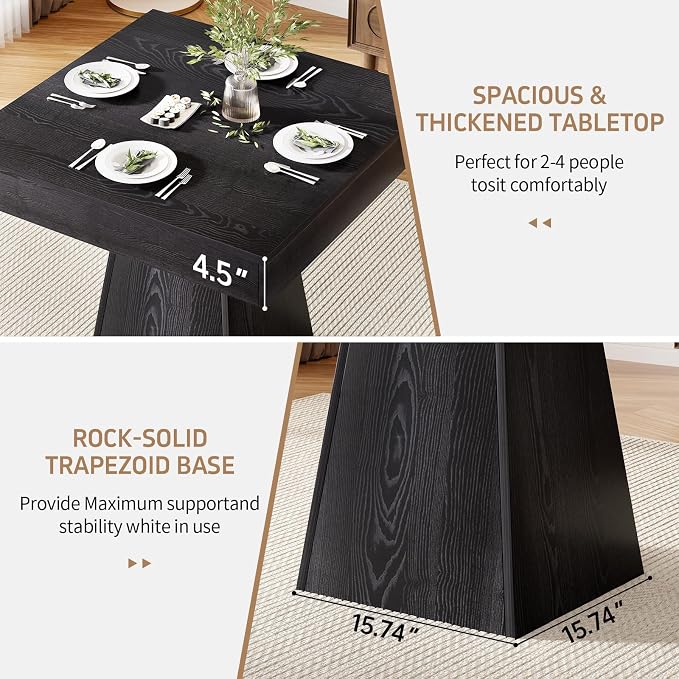 Square Dining Table, Farmhouse Style Wooden Table for 2-4 People, 31.5-inch Small Kitchen Table with Sturdy Base, Black Dinner Table for Dining Room, Living Room