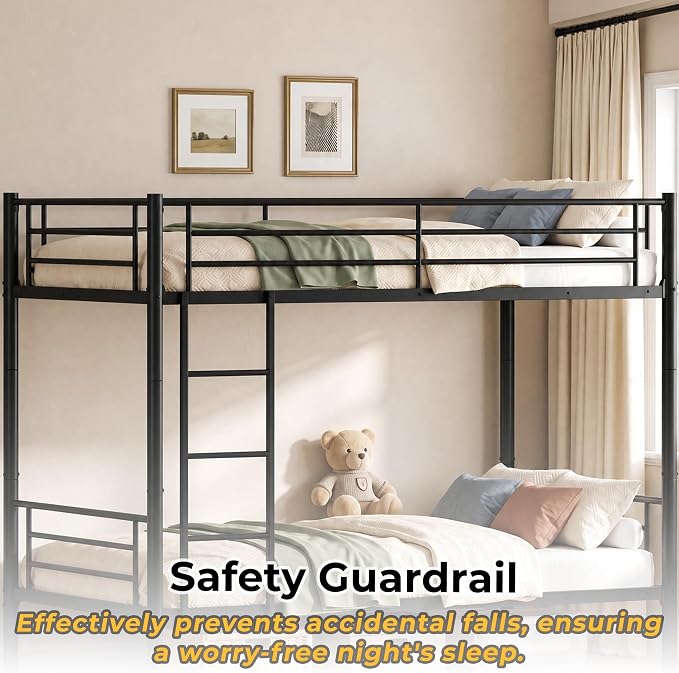 Bunk Bed Twin Over Twin, Metal Bunk Bed with Front Ladder and Safety Guardrail, Space-Saving Twin Bunk Beds for Kids, Teens & Adults, No Box Spring (Front Laddder, Black)
