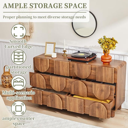Fluted Dresser for Bedroom with 6 Drawers, 54" Wide Mid Century Modern Chest of Drawers , Wooden Curved Dresser TV Stand, Wood Closet Clothes Storage Organizer for Living Room, Hallway, Walnut