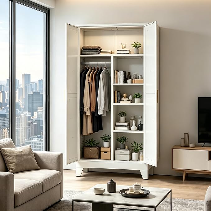 71" H White Closet,Armoire Wardrobe Closets,Metal Wardrobe Closet with Doors and Shelves