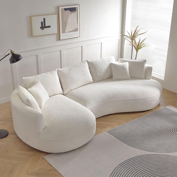 KEIKI 129" Luxury Curved Boucle Sectional Sofa with Left Chaise, Upholstered Modern Style Oversized 5-Seater Couch with Thickened Seat Cushions, Easy Assembly, for Apartment, Living Room, White