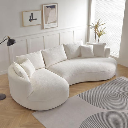 KEIKI 129" Luxury Curved Boucle Sectional Sofa with Left Chaise, Upholstered Modern Style Oversized 5-Seater Couch with Thickened Seat Cushions, Easy Assembly, for Apartment, Living Room, White