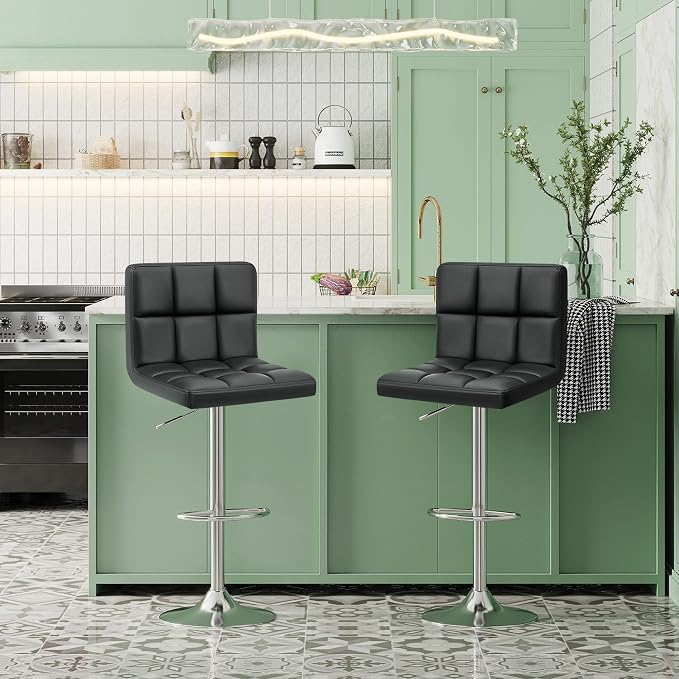 Furniwell Bar Stools Modern Pu Leather Swivel Adjustable Barstools Armless Counter Height Swivel Bar Stool Synthetic Leather Height Square Barstool with Set of 2(Black)
