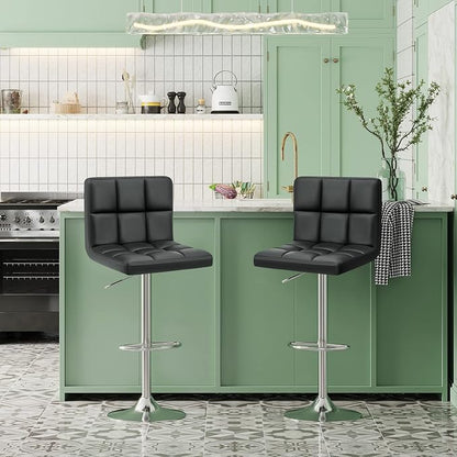 Furniwell Bar Stools Modern Pu Leather Swivel Adjustable Barstools Armless Counter Height Swivel Bar Stool Synthetic Leather Height Square Barstool with Set of 2(Black)