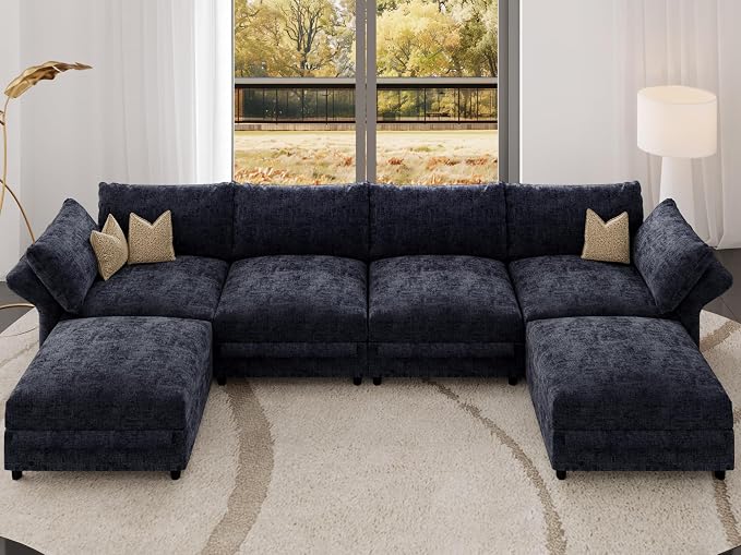 DreamDashio 159" 6-Seat L-Shaped Sectional Sofa for Living Room, Extra Large Modular Cloud Couch with Storage, Adjustable Arms & High Back, Dark Grey Chenille