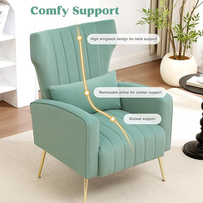 Accent Chairs Set of 2,Upholstered Living Room Chairs,High Back Arm Chairs with Metal Legs Lumbar Reading Chairs for Living Room,Bedroom, Apartment Lake Green