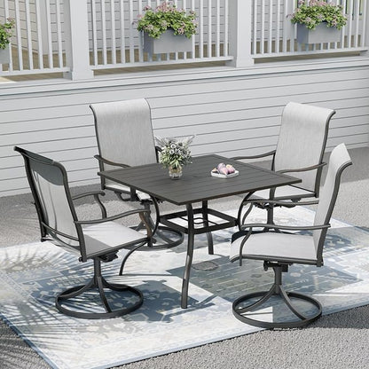 Outdoor Patio Furniture Set, 4 Piece Swivel Patio Chairs and 35" x 35" x 28" Steel Dining Table Set with 1.6" Umbrella Hole, Suitable for All-Weather