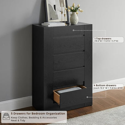 OKD 5 Drawer Dresser for Bedroom, 48" Tall Dresser Chest of Drawers with Thick Wood Design, Handleless, Modern Bedroom Dresser, Storage Organizer for Living Room/Entryway, Black Oak