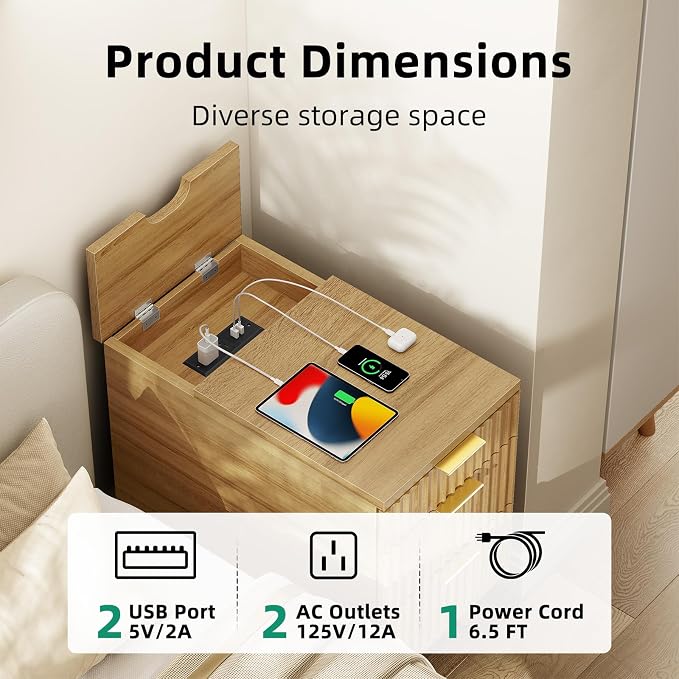 Kalrin Narrow Nightstand with Hidden Outlets & USB Ports, Modern Fluted Bedside Table with 3 Drawers, Engineering Wooden End Tables for Bedroom and Living Room(Natural Oak)